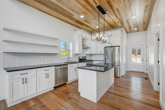 556 Sipsey Rock Rd, Crane Hill, AL 35053 - kitchen with dark countertops, appliances with stainless steel finishes, a sink, open shelves, and wood ceiling