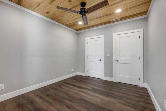 556 Sipsey Rock Rd, Crane Hill, AL 35053 - unfurnished bedroom featuring wood ceiling, baseboards, visible vents, recessed lighting, and dark wood-style flooring
