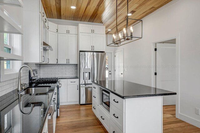 556 Sipsey Rock Rd, Crane Hill, AL 35053 - kitchen featuring tasteful backsplash, light wood-type flooring, wooden ceiling, stainless steel appliances, and a sink