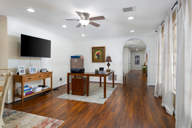 office with ceiling fan, ornamental molding, and dark wood-type flooring