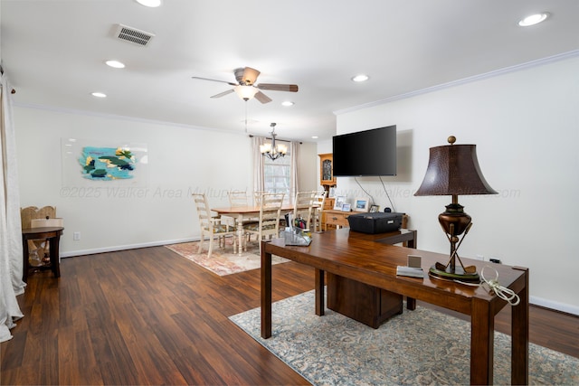 office featuring ceiling fan with notable chandelier, dark wood-type flooring, and crown molding