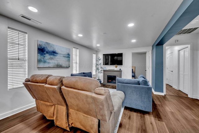 242 County Rd 307, Cullman, AL 35057 - living area featuring baseboards, a high end fireplace, wood finished floors, recessed lighting, and plenty of natural light