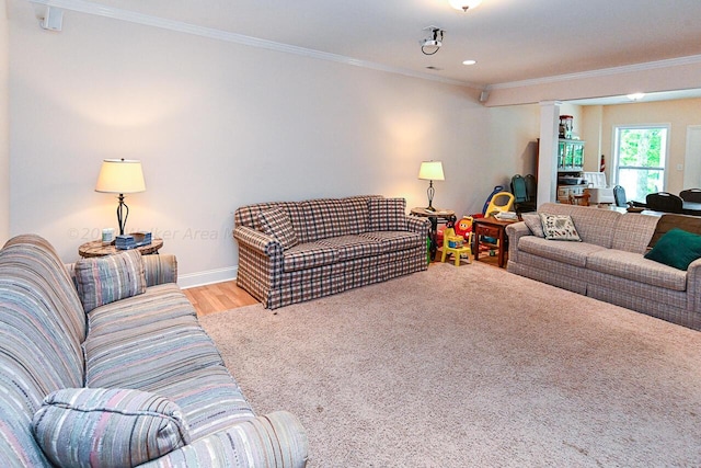 1528 Sipsey Rd, Double Springs, AL 35553 - living room with baseboards, wood finished floors, decorative columns, and crown molding