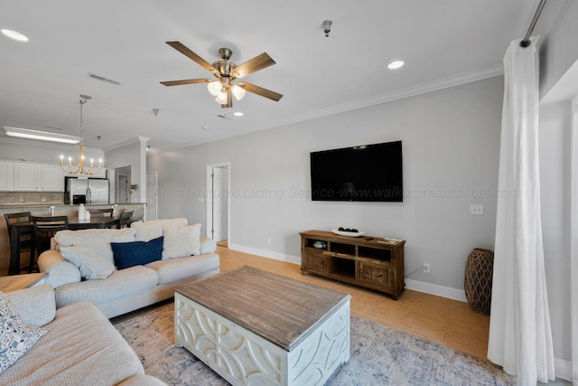 9661 Curry Hwy, Jasper, AL 35503 - living room with a ceiling fan, ornamental molding, baseboards, light tile patterned floors, and a chandelier