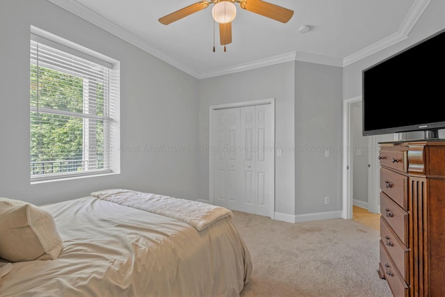 9661 Curry Hwy, Jasper, AL 35503 - bedroom with light colored carpet, ornamental molding, multiple windows, a closet, and ceiling fan