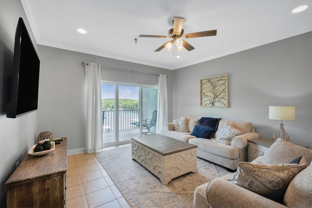 9661 Curry Hwy, Jasper, AL 35503 - living room with a ceiling fan, ornamental molding, light tile patterned floors, recessed lighting, and baseboards