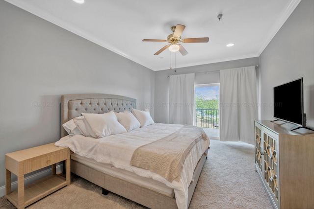 9661 Curry Hwy, Jasper, AL 35503 - bedroom featuring carpet floors, access to exterior, ornamental molding, recessed lighting, and ceiling fan