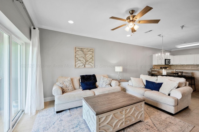 9661 Curry Hwy, Jasper, AL 35503 - living room featuring light tile patterned flooring, crown molding, a ceiling fan, recessed lighting, and baseboards