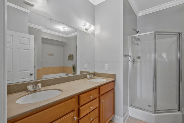 9661 Curry Hwy, Jasper, AL 35503 - full bathroom with ornamental molding, a shower stall, double vanity, and a bath