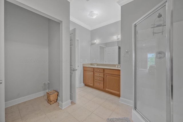 9661 Curry Hwy, Jasper, AL 35503 - bathroom featuring crown molding, a shower stall, double vanity, tile patterned flooring, and baseboards