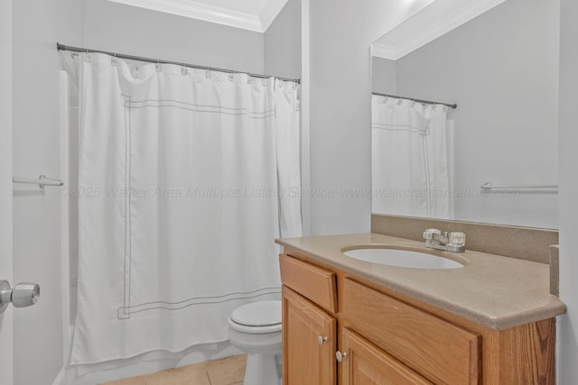 9661 Curry Hwy, Jasper, AL 35503 - bathroom featuring ornamental molding, toilet, vanity, tile patterned floors, and a shower with shower curtain