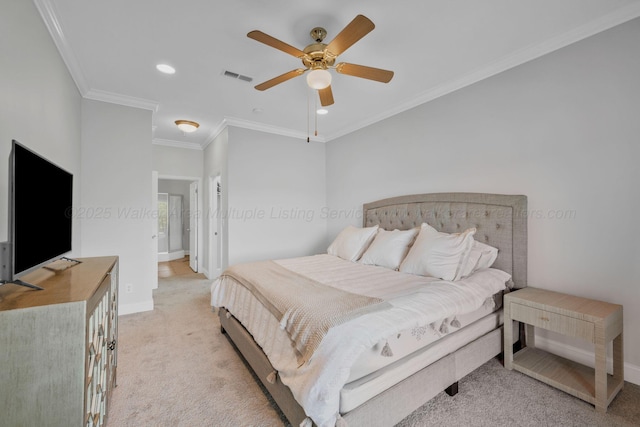 9661 Curry Hwy, Jasper, AL 35503 - bedroom featuring light colored carpet, baseboards, recessed lighting, ornamental molding, and ceiling fan