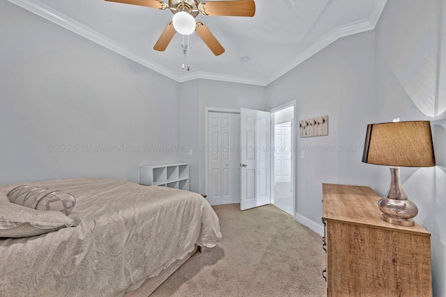 9661 Curry Hwy, Jasper, AL 35503 - bedroom with light colored carpet, ornamental molding, baseboards, a closet, and ceiling fan