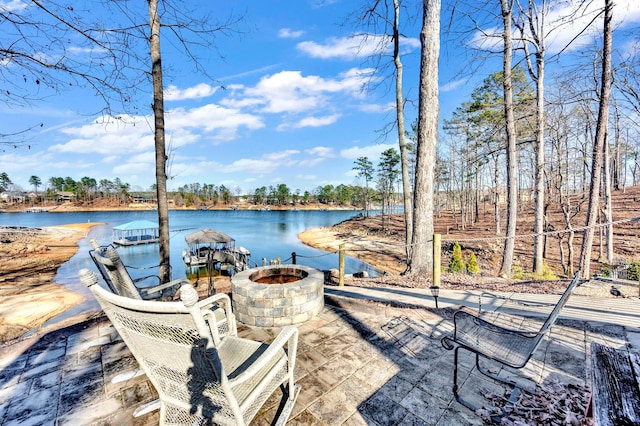 water view with a fire pit