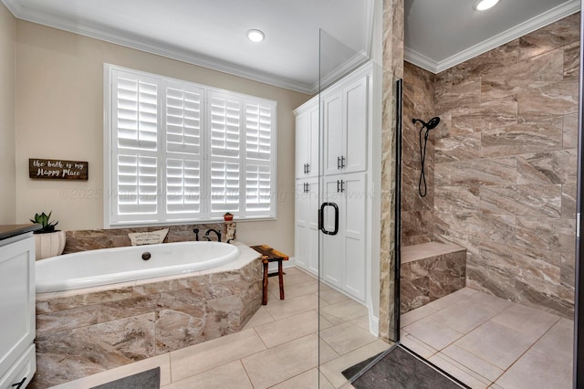 bathroom featuring crown molding, a bath, and tiled shower
