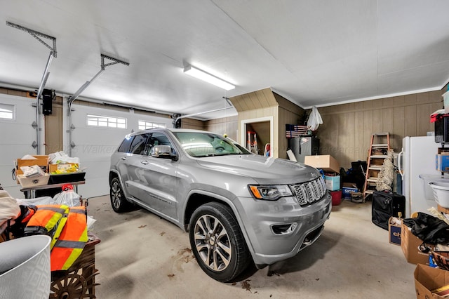garage with wood walls