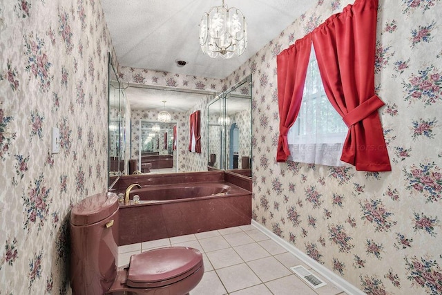 515 River Dr, Quinton, AL 35130 - full bathroom with tile patterned floors, a garden tub, visible vents, wallpapered walls, and an inviting chandelier