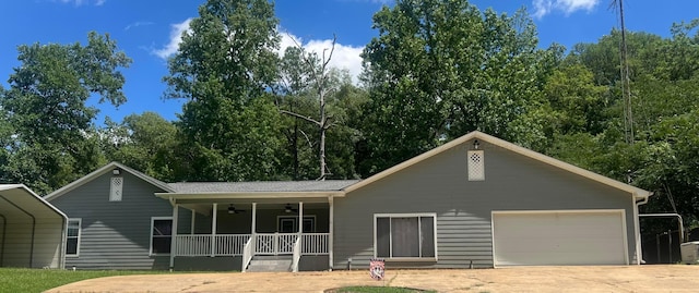 515 River Dr, Quinton, AL 35130 - ranch-style house featuring covered porch, driveway, a garage, and ceiling fan