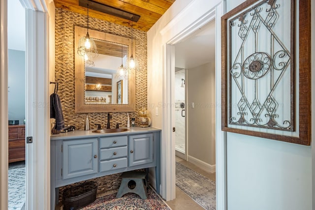 662 Sipsey Pike, Double Springs, AL 35553 - bathroom featuring a shower stall, tasteful backsplash, vanity, and wooden ceiling