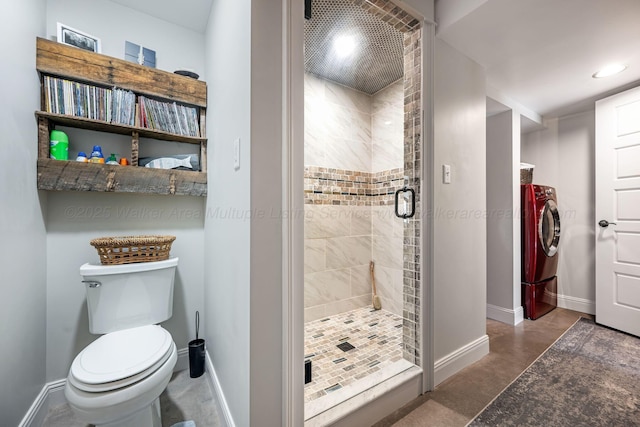662 Sipsey Pike, Double Springs, AL 35553 - bathroom with a stall shower, baseboards, washer and dryer, toilet, and recessed lighting