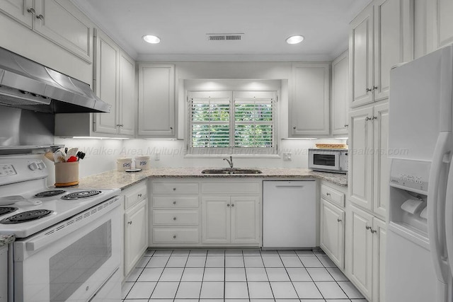 505 3rd Ave, Jasper, AL 35501 - kitchen featuring white appliances, white cabinets, recessed lighting, under cabinet range hood, and light tile patterned floors