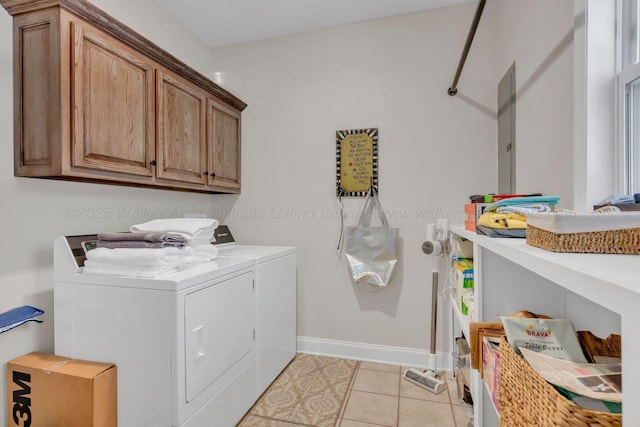laundry area with light tile patterned flooring, cabinet space, baseboards, and separate washer and dryer