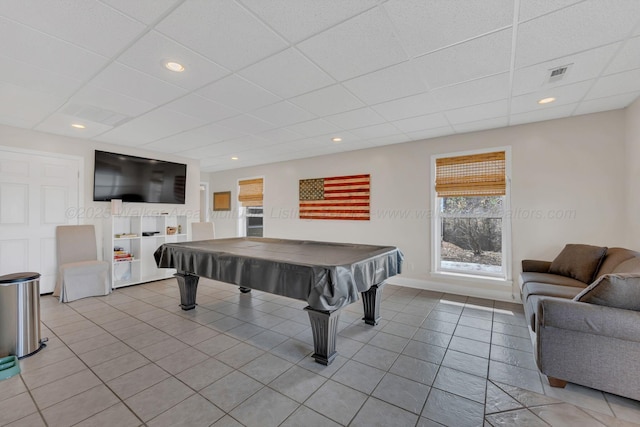 recreation room featuring light tile patterned flooring, visible vents, recessed lighting, a drop ceiling, and pool table