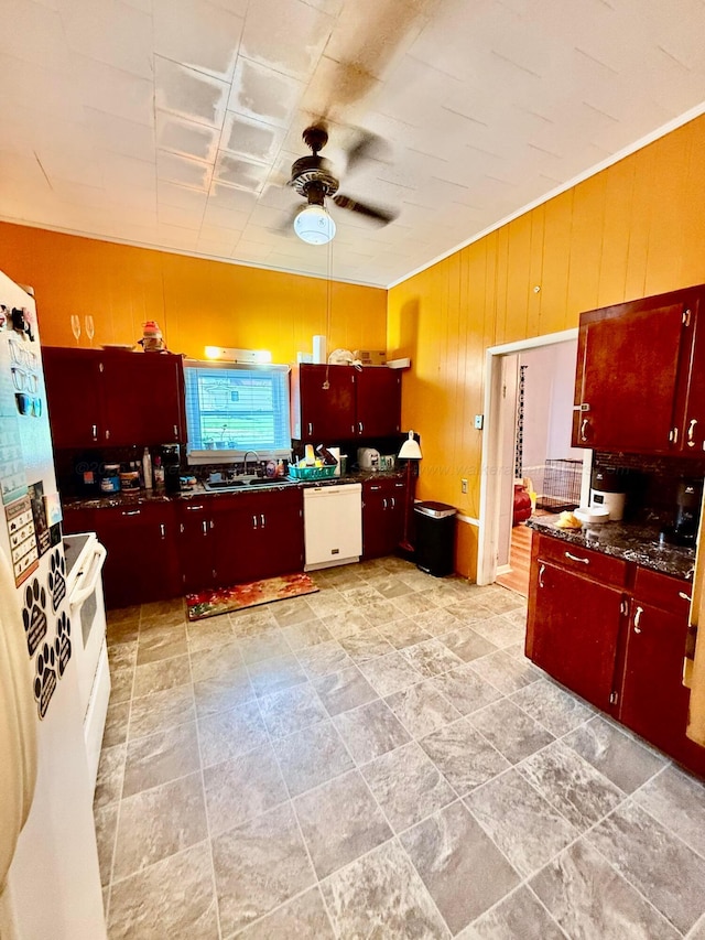 1902 Williams St, Jasper, AL 35501 - kitchen featuring dark countertops, white appliances, ceiling fan, and red cabinets