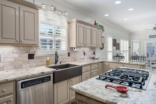 kitchen with black gas stovetop, a sink, ornamental molding, stainless steel dishwasher, and decorative backsplash