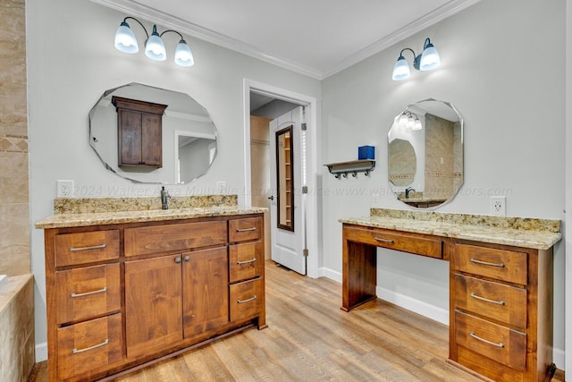 bathroom with vanity, wood-type flooring, and crown molding