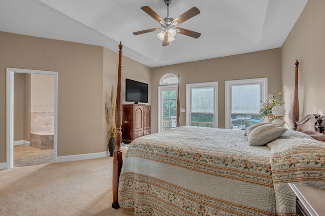 bedroom featuring ceiling fan, light colored carpet, baseboards, connected bathroom, and access to outside