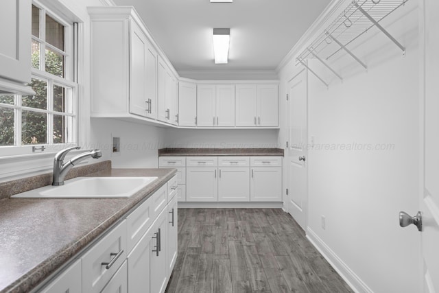 kitchen featuring white cabinetry, wood finished floors, ornamental molding, and a sink
