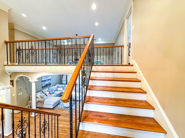 1000 Foothill Rd, Winfield, AL 35594 - staircase featuring wood finished floors, recessed lighting, baseboards, and ornamental molding