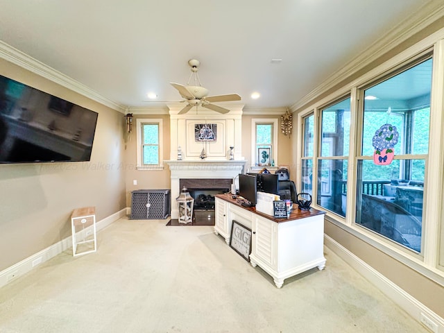 1000 Foothill Rd, Winfield, AL 35594 - home office with crown molding, baseboards, light carpet, a fireplace, and a ceiling fan