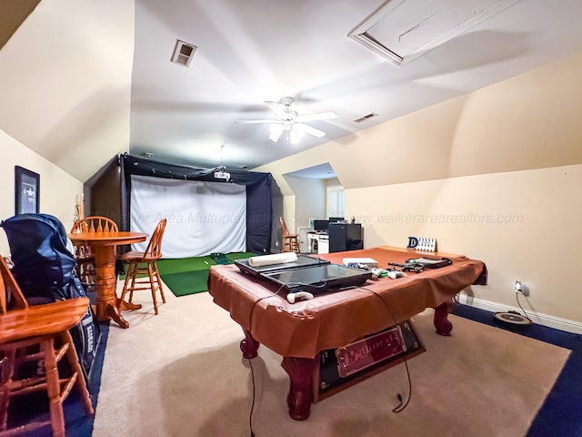 1000 Foothill Rd, Winfield, AL 35594 - rec room featuring carpet, pool table, a ceiling fan, lofted ceiling, and baseboards