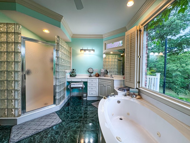 1000 Foothill Rd, Winfield, AL 35594 - bathroom featuring plenty of natural light, a stall shower, a tub with jets, and crown molding