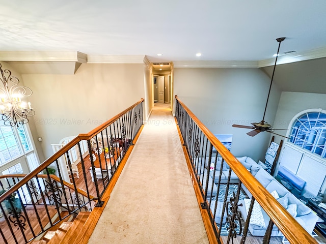 1000 Foothill Rd, Winfield, AL 35594 - corridor featuring crown molding, a chandelier, an upstairs landing, recessed lighting, and baseboards