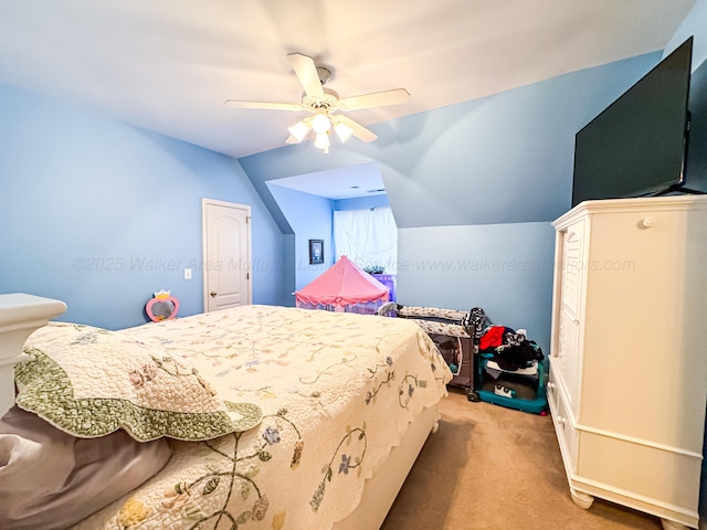 1000 Foothill Rd, Winfield, AL 35594 - bedroom with light carpet, vaulted ceiling, and ceiling fan