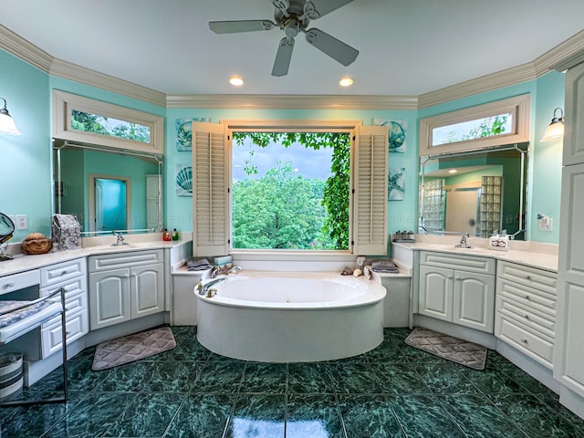1000 Foothill Rd, Winfield, AL 35594 - full bathroom featuring crown molding, a bath, ceiling fan, two vanities, and a stall shower