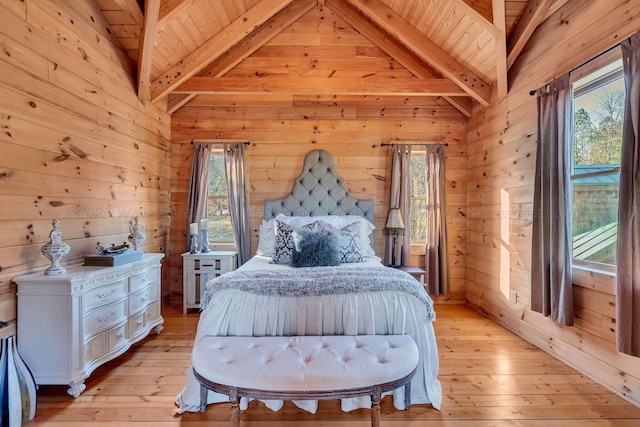 bedroom with light wood finished floors, wood ceiling, lofted ceiling with beams, and wood walls