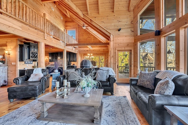 living area featuring high vaulted ceiling, wooden ceiling, wooden walls, and light wood-type flooring