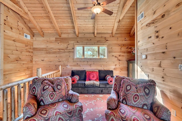 sitting room with wood ceiling, lofted ceiling with beams, a ceiling fan, and visible vents
