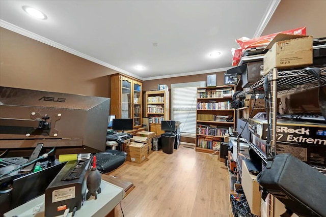 home office featuring recessed lighting, wood finished floors, and ornamental molding