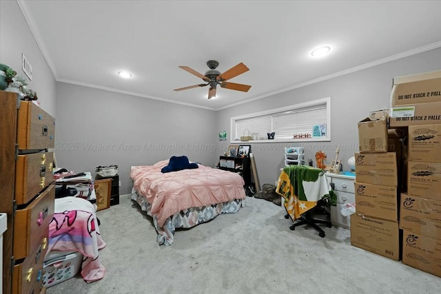 bedroom with carpet flooring, ceiling fan, visible vents, and crown molding