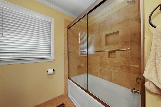 full bathroom with enclosed tub / shower combo, tile patterned flooring, and crown molding