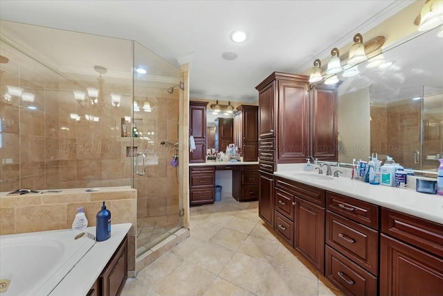 full bathroom with ornamental molding, recessed lighting, vanity, a stall shower, and a garden tub