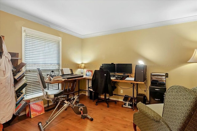 office with ornamental molding, baseboards, and wood finished floors