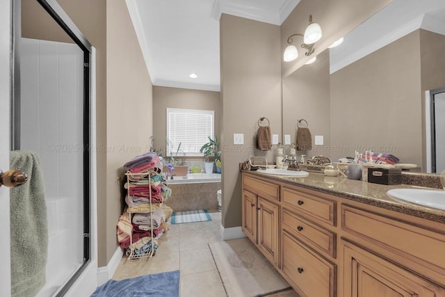 7442 Cresview Ln, Dora, AL 35062 - full bathroom featuring a garden tub, ornamental molding, double vanity, a shower stall, and tile patterned flooring