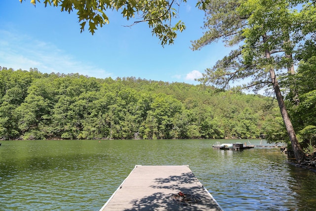view of dock with a water view and a forest view