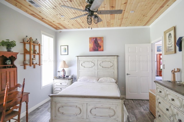 bedroom with crown molding, dark wood finished floors, and wood ceiling